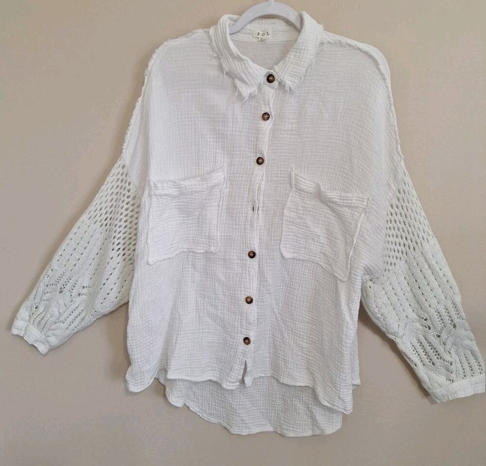 Pol Shirt Crochet Sleeves Boho White Button Up Medium BOHO